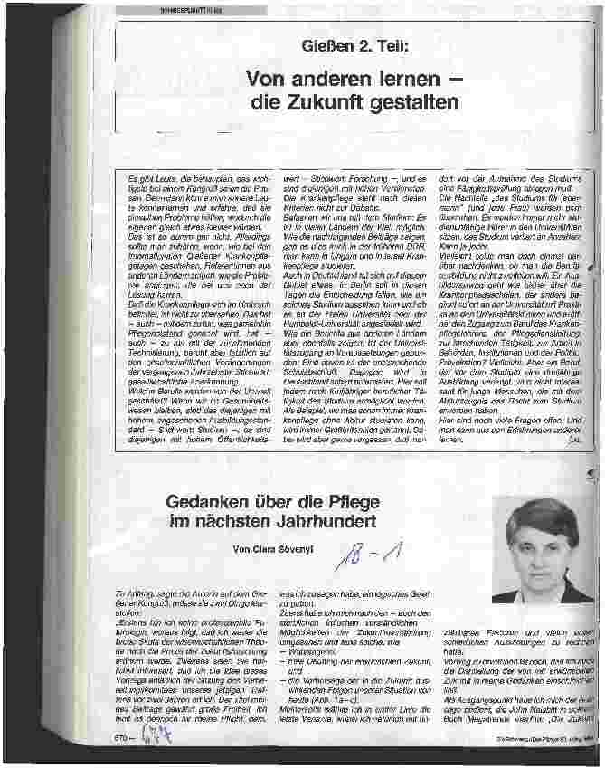 Vorschauseite 1: Von anderen lernen - die Zukunft gestalten - 2. Teil Gedanken über die Pflege im nächsten Jahrhundert