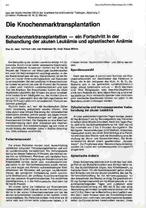 Vorschauseite 1: Die Knochenmarktransplantation - ein Fortschritt in der Behandlung der akuten Leukämie und aplastischen Anämie