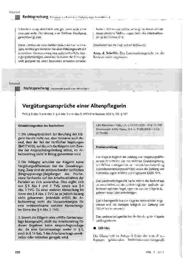 Vorschauseite 1: Vergütungsansprüche einer AltenpflegerinTVG § 3 Abs. 1 und Abs. 3, § 4 Abs. 1 und Abs. 5; MTV-Pro-Seniore; BGB § 133, § 157