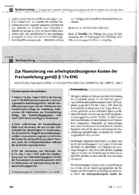 Vorschauseite 1: Zur Finanzierung von arbeitsplatzbezogenen Kosten der Praxisanleitung gemäß § 17a KHG