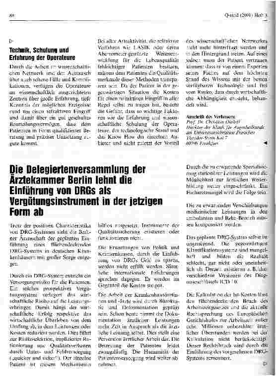 Vorschauseite 2: Qualitätmanagement und Langzeitevaluation in der laserchirurgischen Behandlung von Fehlsichtigkeiten Was universitäre Zentren leisten können
