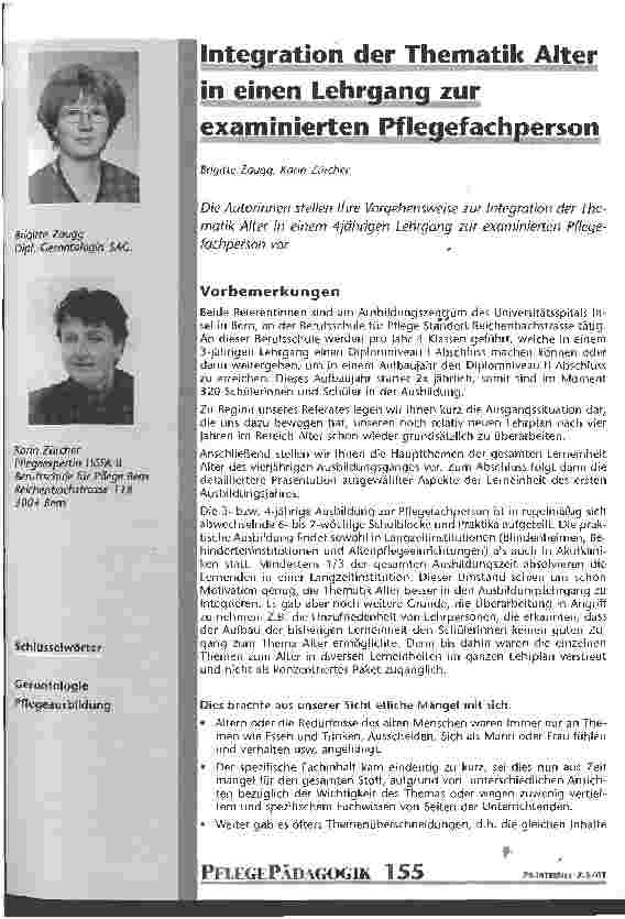Vorschauseite 1: Integration der Thematik Alter in einen Lehrgang zur examinierten Pflegefachperson