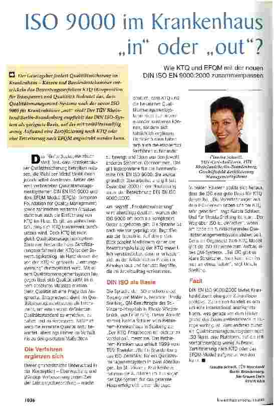 Vorschauseite 1: ISO 9000 im Krankenhaus in oder out? Wie KTQ und EFQM mit der neuen DIN ISO EN 9000:2000 zusammenpassen