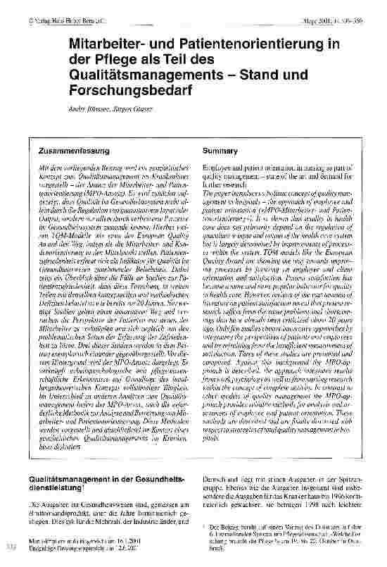 Vorschauseite 1: Mitarbeiterund Patientenorientierung in der Pflege als Teil des Qualitätsmanagements - Stand und Forschungsbedarf