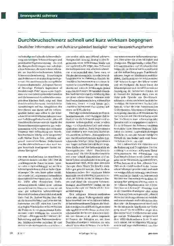 Vorschauseite 1: Durchbruchschmerz schnell und kurz wirksam begegnen Deutlicher Informationsund Aufklärungsbedarf bezüglich neuer Verabreichungsformen