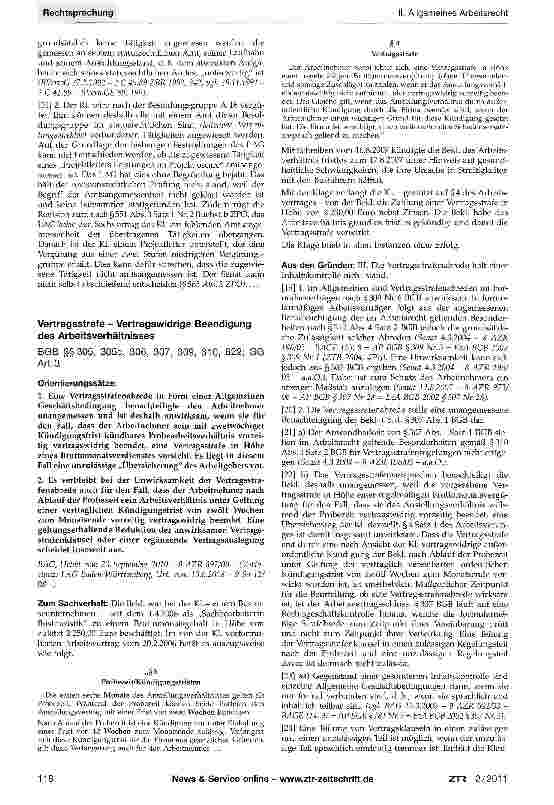 Vorschauseite 1: Vertragsstrafe - Vertragswidrige Beendigung des ArbeitsverhältnissesBGB §§305, 305c, 306, 307, 309, 310, 622; GG Art. 3
