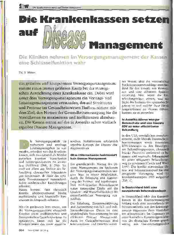 Vorschauseite 1: Die Krankenkassen setzen auf Disease Management Die Kliniken nehmen im Versorgungsmanagement der Kassen eine Schlüsselfunktion wahr