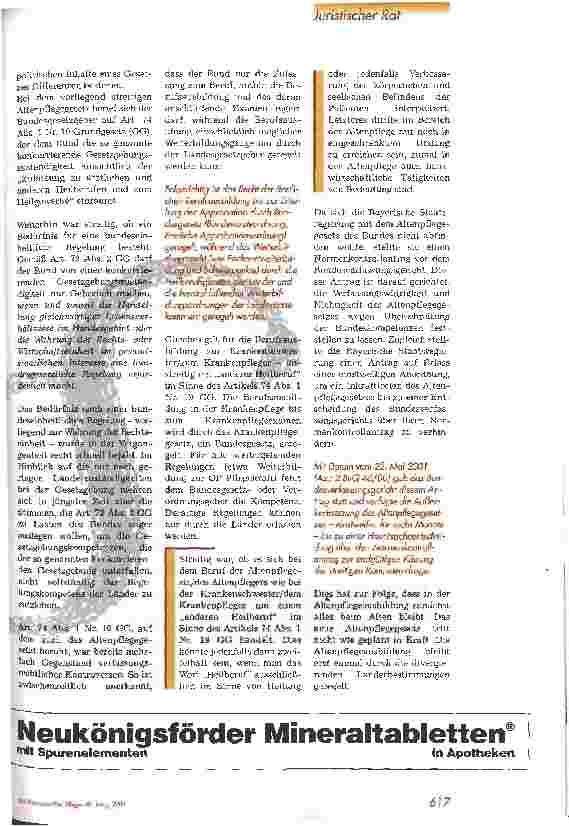 Vorschauseite 2: Stopp für das neue Altenpflegegesetz Einstweilige Verfügung des Bundesverfassungsgerichts vom 22. Mai 2001