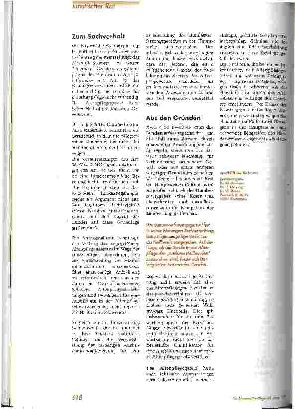 Vorschauseite 3: Stopp für das neue Altenpflegegesetz Einstweilige Verfügung des Bundesverfassungsgerichts vom 22. Mai 2001