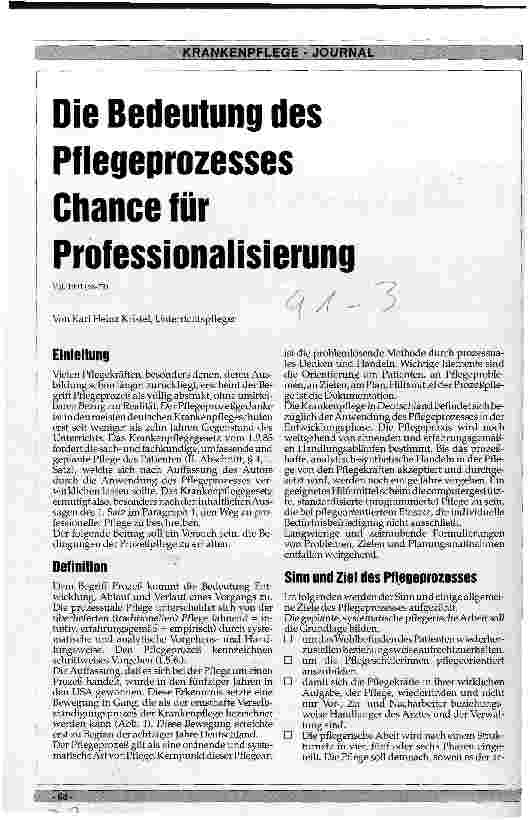 Vorschauseite 1: Die Bedeutung des Pflegeprozesses Chance für Professionalisierung