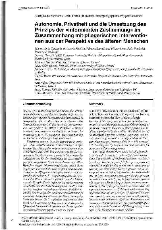 Vorschauseite 1: Autonomie, Privatheit und die Umsetzung des Prinzips der informierten Zustimmung im Zusammenhang mit pflegerischen Interventionen aus der Perspektive des älteren Menschen