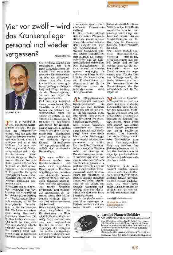 Vorschauseite 1: Vier vor zwölf - wird das Krankenpflegepersonal mal wieder vergessen?