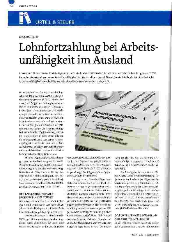 Vorschauseite 1: ARBEITSRECHTLohnfortzahlung bei Arbeitsunfähigkeit im Ausland