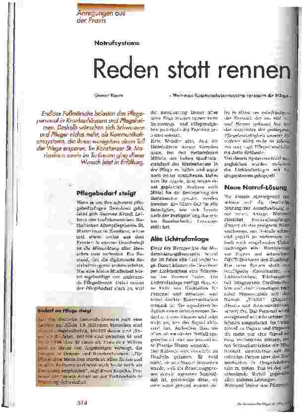 Vorschauseite 1: Reden statt rennen Modernes Kommunikationssystem optimiert die Pflege