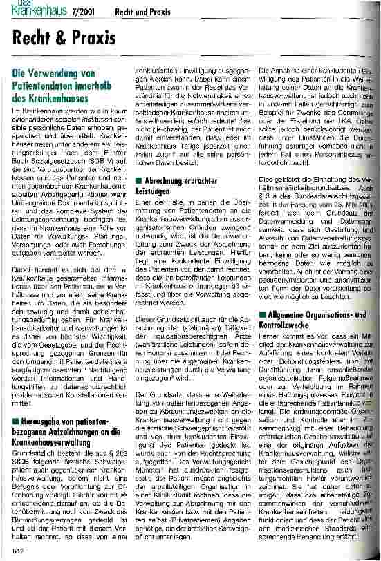 Vorschauseite 1: Recht & Praxis Die Verwendung von Patientendaten innerhalb des Krankenhauses