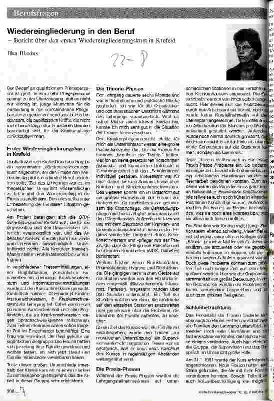 Vorschauseite 1: Wiedereingliederung in den Beruf Bericht über den ersten Wiedereingliederungskurs in Krefeld