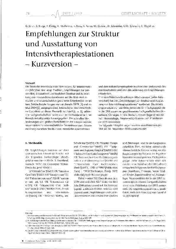 Vorschauseite 1: Empfehlungen zur Struktur und Ausstattung von Intensivtherapiestationen - Kurzversion -
