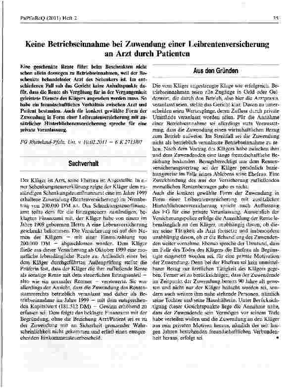 Vorschauseite 1: Keine Betriebseinnahme bei Zuwendung einer Leibrentenversicherung an Arzt durch Patienten
