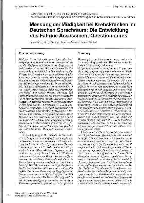 Vorschauseite 1: Messung der Müdigkeit bei Krebskranken im Deutschen Sprachraum: Die Entwicklung des Fatigue Assessment Questionnaires