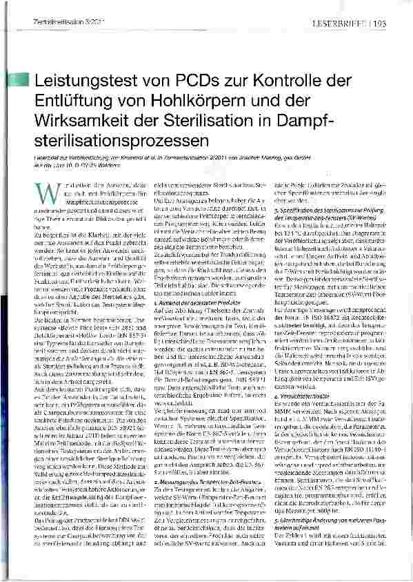 Vorschauseite 1: Leistungstest von PCDs zur Kontrolle der Entlüftung von Hohlkörpern und der Wirksamkeit der Sterilisation in Dampfsterilisationsprozessen