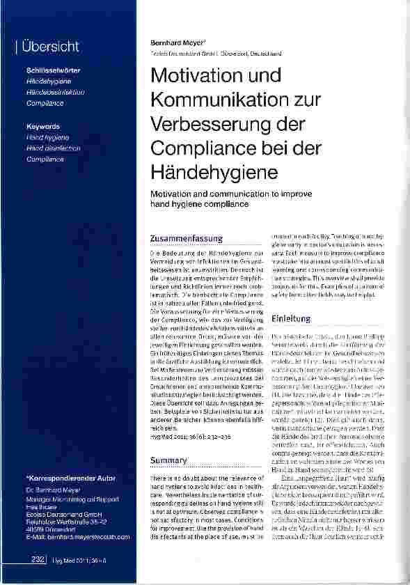Vorschauseite 1: Motivation und Kommunikation zur Verbesserung der Compliance bei der Händehygiene