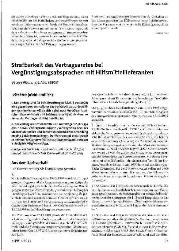 Vorschauseite 1: Strafbarkeit des Vertragsarztes bei Vergünstigungsabsprachen mit Hilfsmittellieferanten