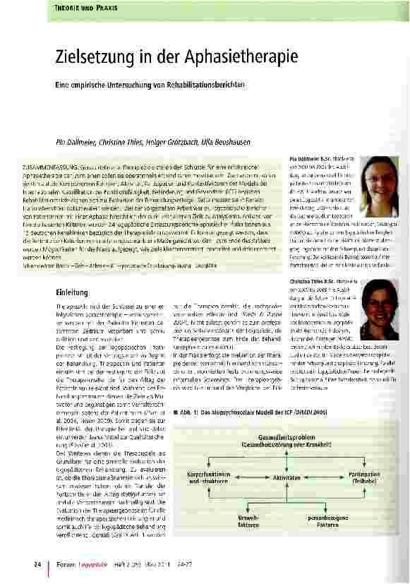 Vorschauseite 1: Zielsetzung in der AphasietherapieEine empirische Untersuchung von Rehabilitationsberichten
