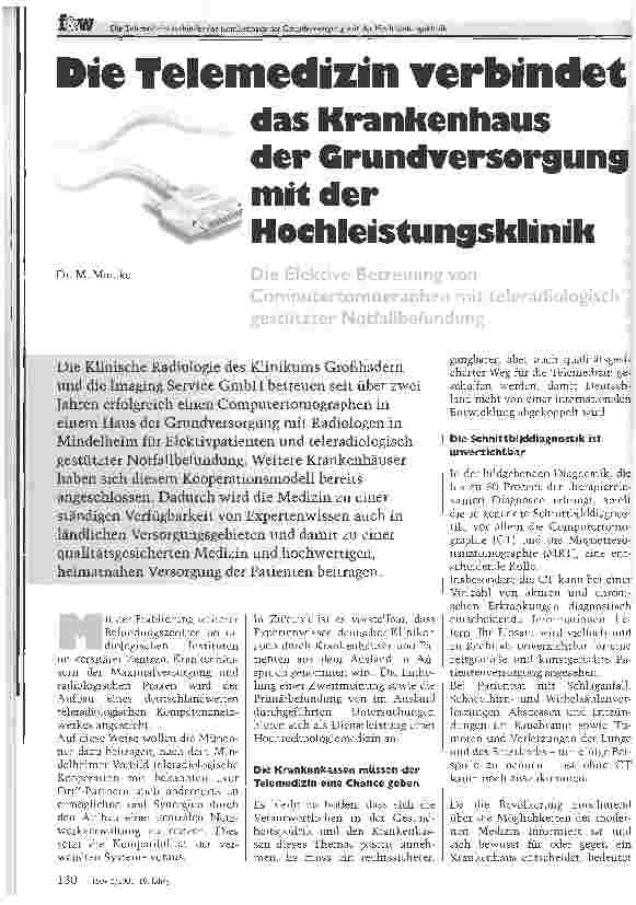 Vorschauseite 1: Die Telemedizin verbindet das Krankenhaus der Grundversorgung mit der HochleistungsklinikDie Elektive Betreuung von Computertomographen mit teleradiologiscl gestützter Notfallbefu…