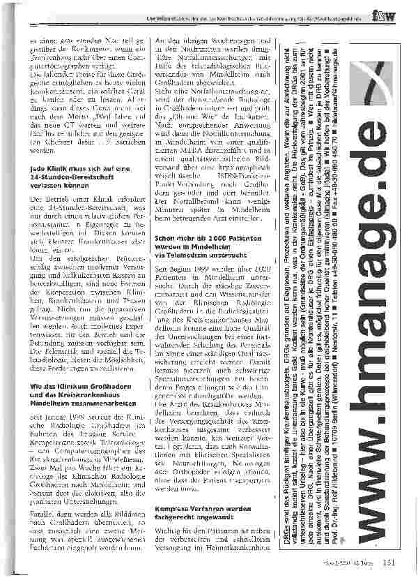 Vorschauseite 2: Die Telemedizin verbindet das Krankenhaus der Grundversorgung mit der HochleistungsklinikDie Elektive Betreuung von Computertomographen mit teleradiologiscl gestützter Notfallbefu…
