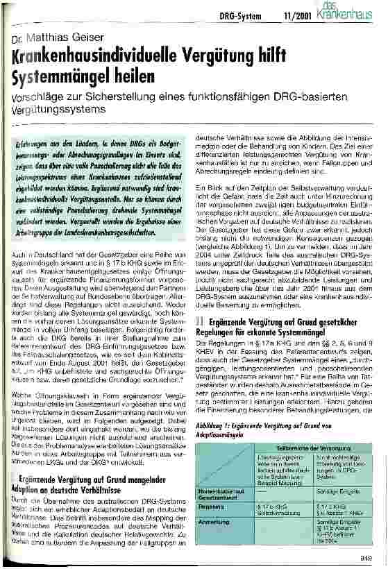 Vorschauseite 1: Krankenhausindividuelle Vergütung hilft Systemmängel heilen Vorschläge zur Sicherstellung eines funktionsfähigen DRG-basierten Vergütungssystems