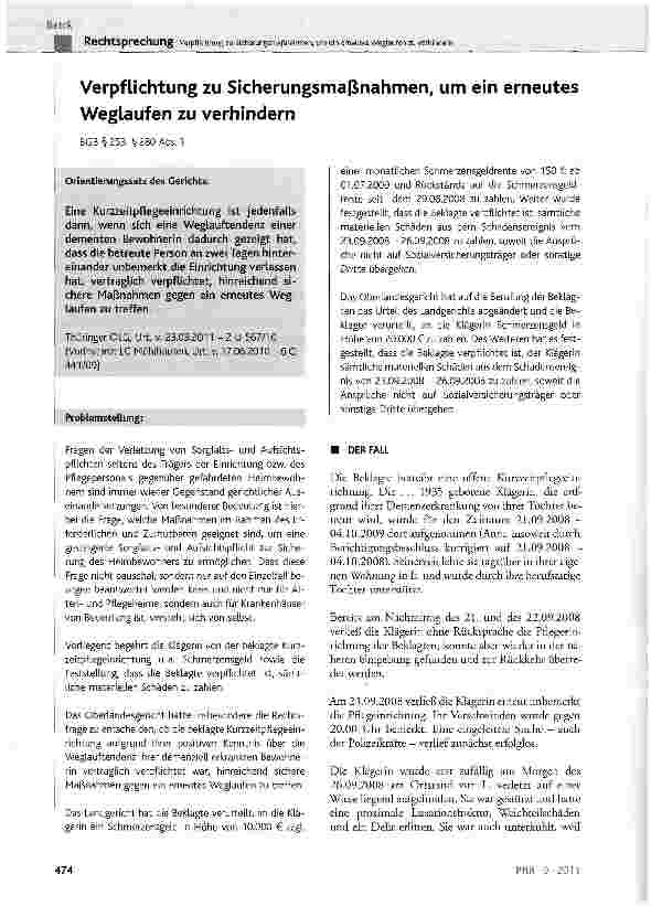 Vorschauseite 1: Verpflichtung zu Sicherungsmaßnahmen, um ein erneutes Weglaufen zu verhindernBGB §253, § 280 Abs. 1
