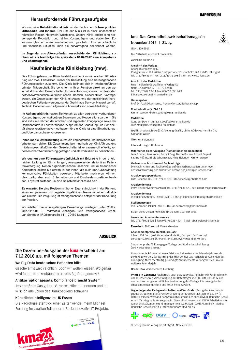 Vorschauseite 1: Die Dezember-Ausgabe der kma erscheint am 7.12.2016 u.a. mit folgenden Themen