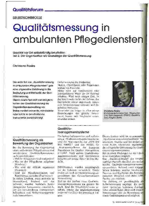 Vorschauseite 1: Qualitätsmessung in ambulanten Pflegediensten Teil 2: Die Organisation als Grundlage der Qualitätsmessung