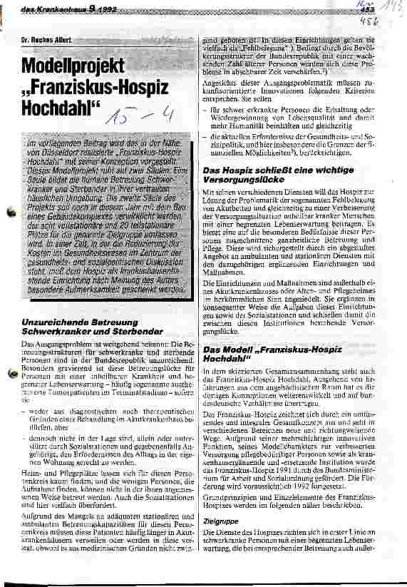 Vorschauseite 1: Modellprojekt Franziskus-Hospiz Hochdahl