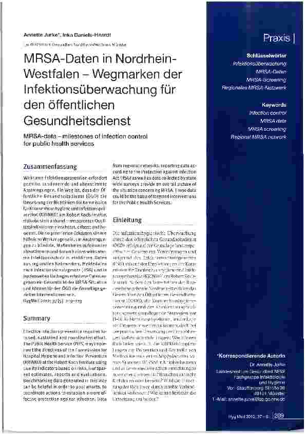 Vorschauseite 1: MRSA-Daten in Nordrhein-Westfalen - Wegmarken der Infektionsüberwachung für den öffentlichen Gesundheitsdienst