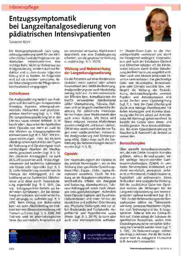 Vorschauseite 1: Entzugssymptomatik bei Langzeitanalgosedierung von pädiatrischen Intensivpatienten