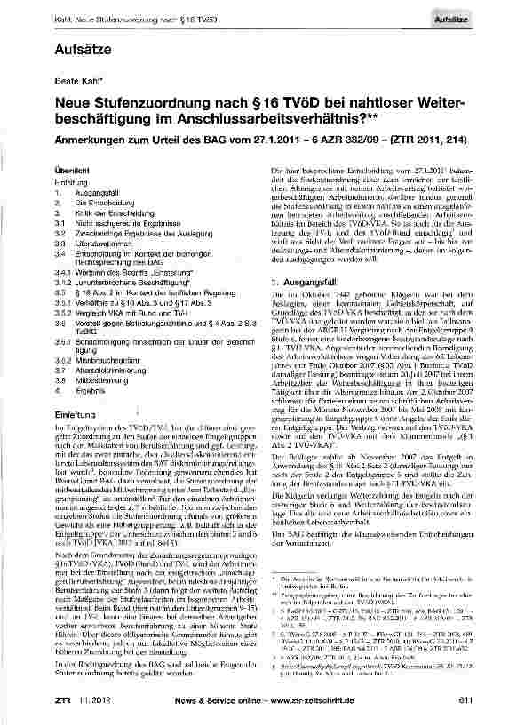 Vorschauseite 1: Neue Stufenzuordnung nach §16 TVöD bei nahtloser Weiterbeschäftigung im Anschlussarbeitsverhältnis?** Anmerkungen zum Urteil des BAG vom 27.1.2011 - 6 AZR 382/09 - (ZTR 2011, 214)