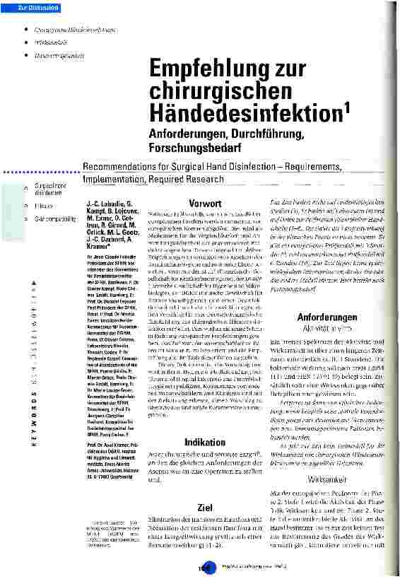 Vorschauseite 1: Empfehlungen zur chirurgischen Händedesinfektion Anforderungen, Durchführung, Forschungsbedarf