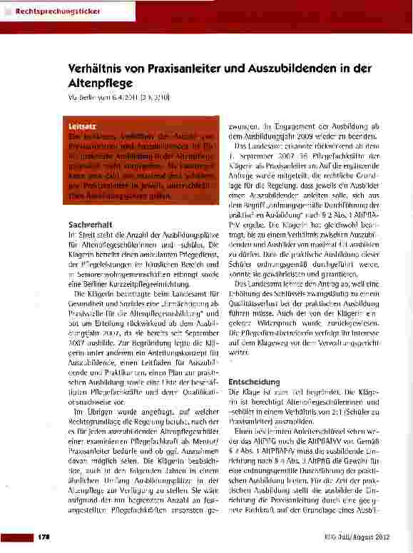 Vorschauseite 1: Verhältnis von Praxisanleiter und Auszubildenden in der Altenpflege VG Berlin vom 6.4.2011 (3 K 3/10)
