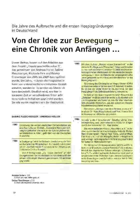 Vorschauseite 1: Die Jahre des Aufbruchs und die ersten Hospizgründungen in DeutschlandVon der Idee zur Bewegung eine Chronik von Anfängen