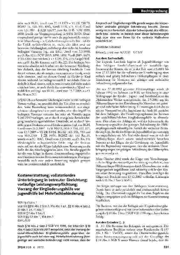 Vorschauseite 1: Kostenerstattung; vollstationäre Unterbringung in betreuter Einrichtung; vorläufige Leistungsverpflichtung; Vorrang der Eingliederungshilfe vor Jugendhilfe bei Mehrfachbehinderung