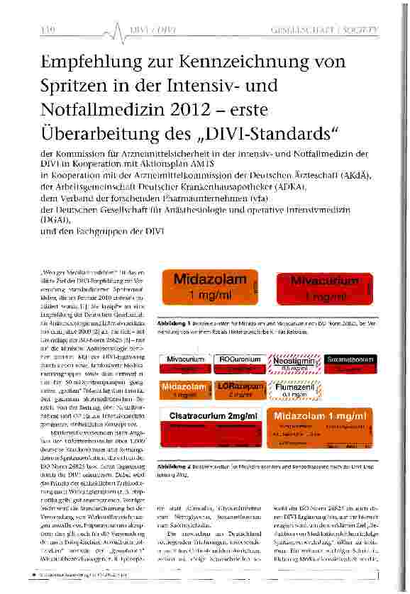 Vorschauseite 1: Empfehlung zur Kennzeichnung von Spritzen in der Intensivund Notfallmedizin 2012 - erste Überarbeitung des „DlVI-Standards