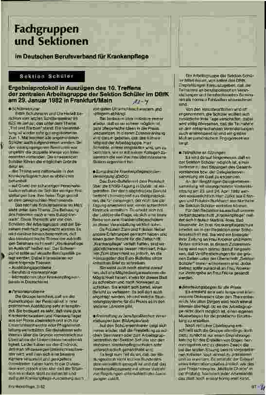 Vorschauseite 1: Ergebnisprotokoll in Auszügen des 10.Treffens der zentralen Arbeitsgruppe der Sektion Schüler im DBfk 29.01.82 Frankfurt/Main