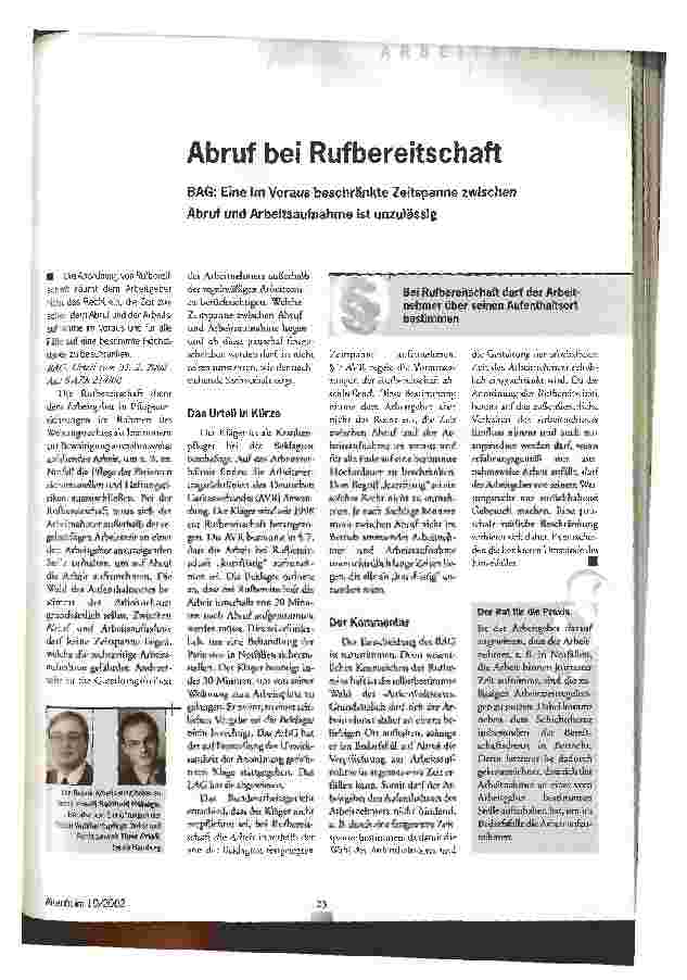 Vorschauseite 1: Abruf bei Rufbereitschaft