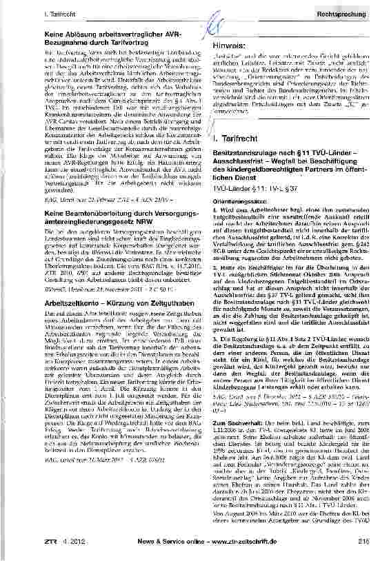 Vorschauseite 1: Besitzstandszulage nach §11 TVÜ-Länder -Ausschlussfrist - Wegfall bei Beschäftigung des kindergeldberechtigten Partners im öffentlichen Dienst TVÜ-Länder§11;TV-L§37