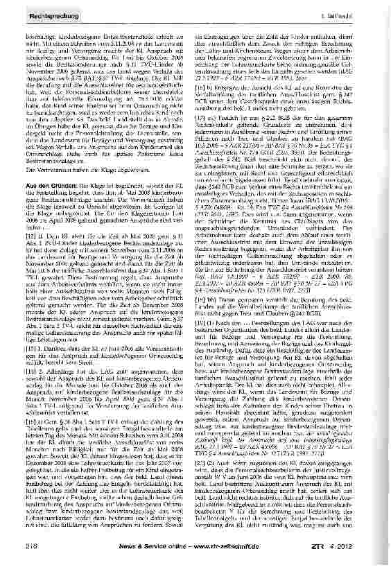 Vorschauseite 2: Besitzstandszulage nach §11 TVÜ-Länder -Ausschlussfrist - Wegfall bei Beschäftigung des kindergeldberechtigten Partners im öffentlichen Dienst TVÜ-Länder§11;TV-L§37