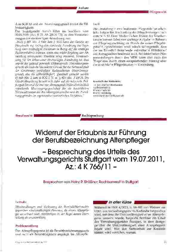 Vorschauseite 1: Widerruf der Erlaubnis zur Führung der Berufsbezeichnung Altenpfleger- Besprechung des Urteils des Verwaltungsgerichts Stuttgart vom 19.07.2011, Az.: 4 K 766/11-