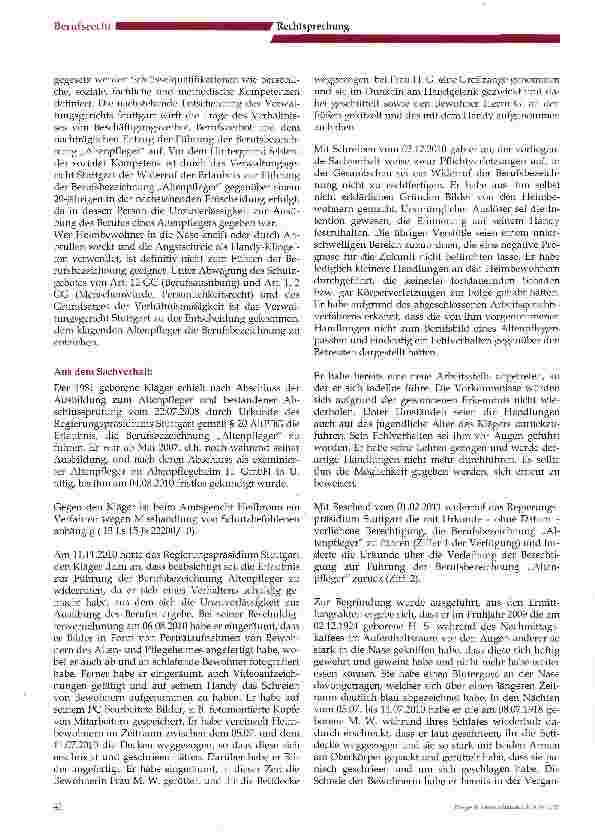 Vorschauseite 2: Widerruf der Erlaubnis zur Führung der Berufsbezeichnung Altenpfleger- Besprechung des Urteils des Verwaltungsgerichts Stuttgart vom 19.07.2011, Az.: 4 K 766/11-