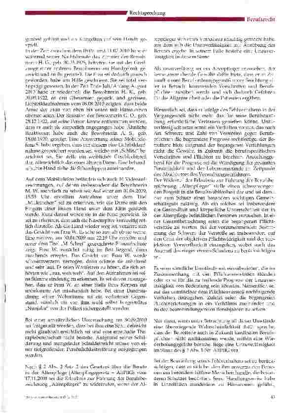 Vorschauseite 3: Widerruf der Erlaubnis zur Führung der Berufsbezeichnung Altenpfleger- Besprechung des Urteils des Verwaltungsgerichts Stuttgart vom 19.07.2011, Az.: 4 K 766/11-