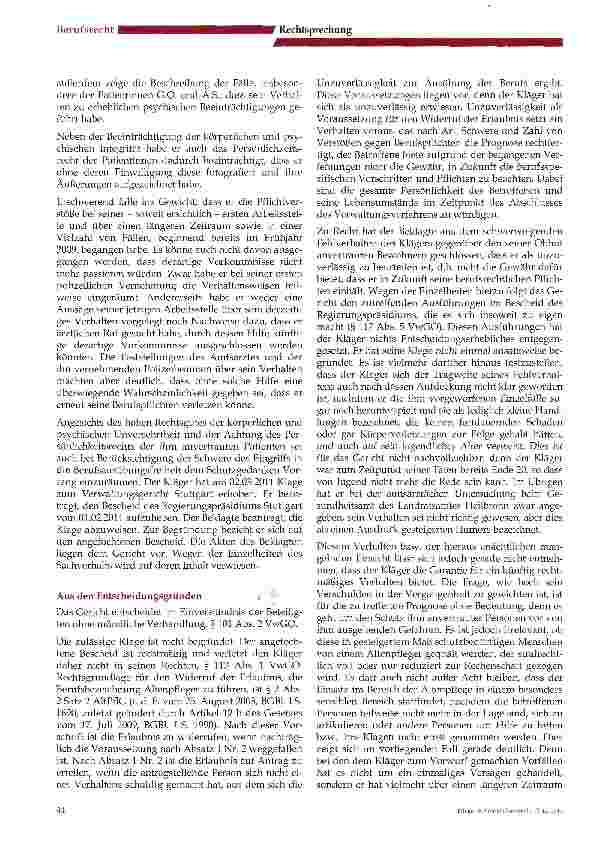 Vorschauseite 4: Widerruf der Erlaubnis zur Führung der Berufsbezeichnung Altenpfleger- Besprechung des Urteils des Verwaltungsgerichts Stuttgart vom 19.07.2011, Az.: 4 K 766/11-